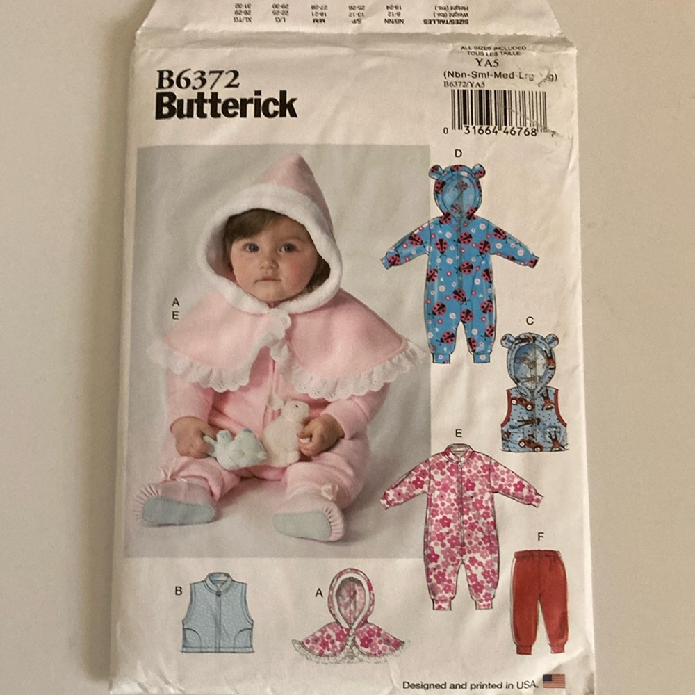 Butterick B6372 Pattern YAS NB S M L XL bunting cape vest pants